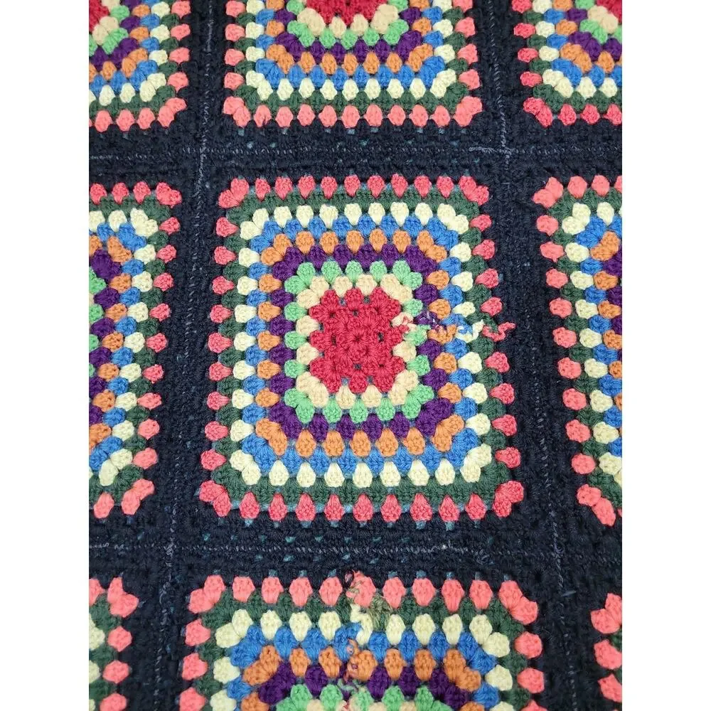 Vintage Black Granny Square Afghan Crochet Lap Blanket Throw Handmade 70x32